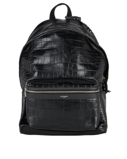 Crocodile-Embossed City Backpack, Leather, Black, LND5349670920, E/DB, 3*